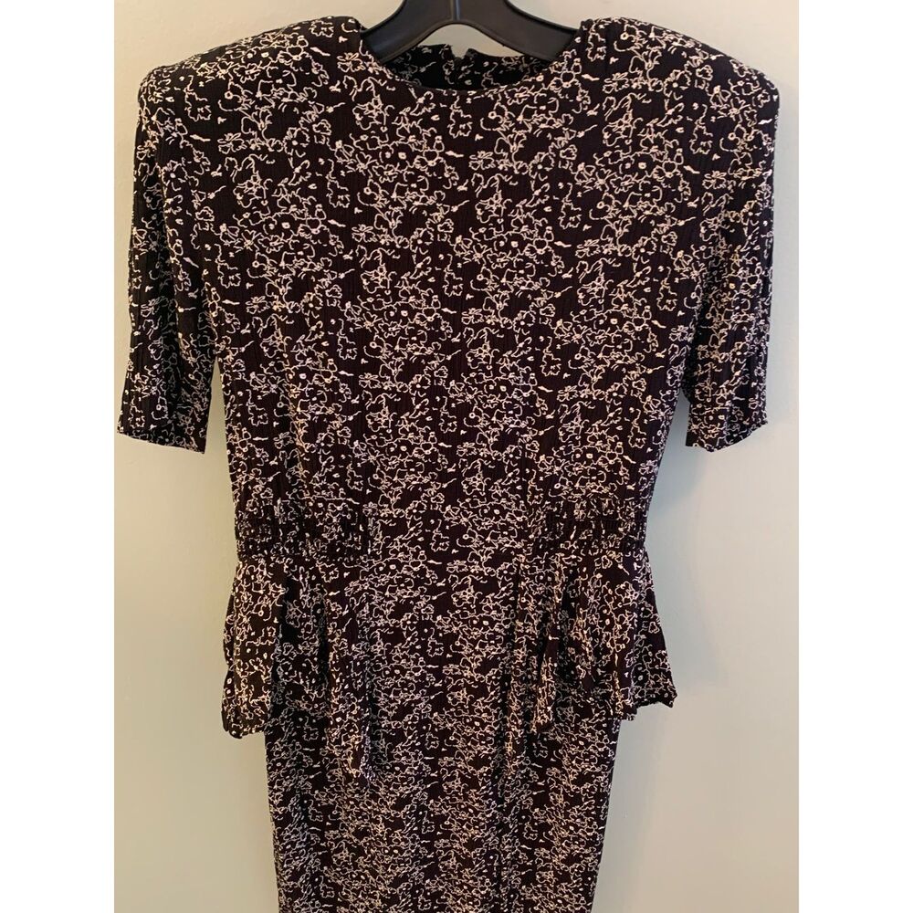 Vintage Jackie Bernard EKELKTIC Black Floral Print Peplum Dress Made in USA Sz 8